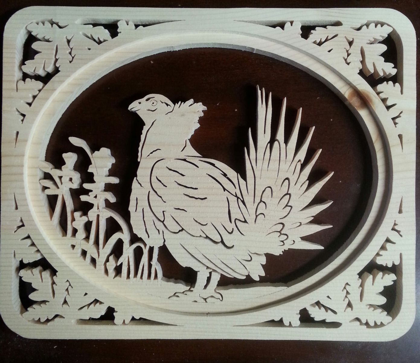 Self framed grouse with leaf border Self framed grouse with leaf border