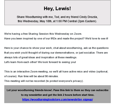 Email From Tod Raines- Free Sharing Lesson Wednesday May 18, 2022
